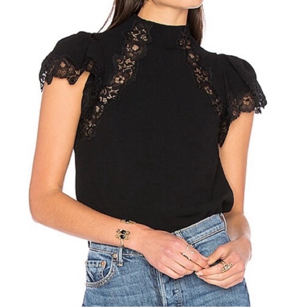 Rebecca Taylor Black Crepe Lace Top Cap Sleeve Size 2 Elegant Feminine